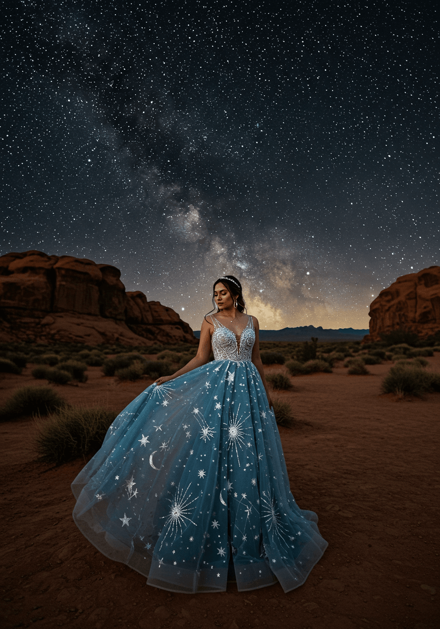 Bride in celestial embroidered gown standing gracefully in moonlit desert landscape under starry night sky