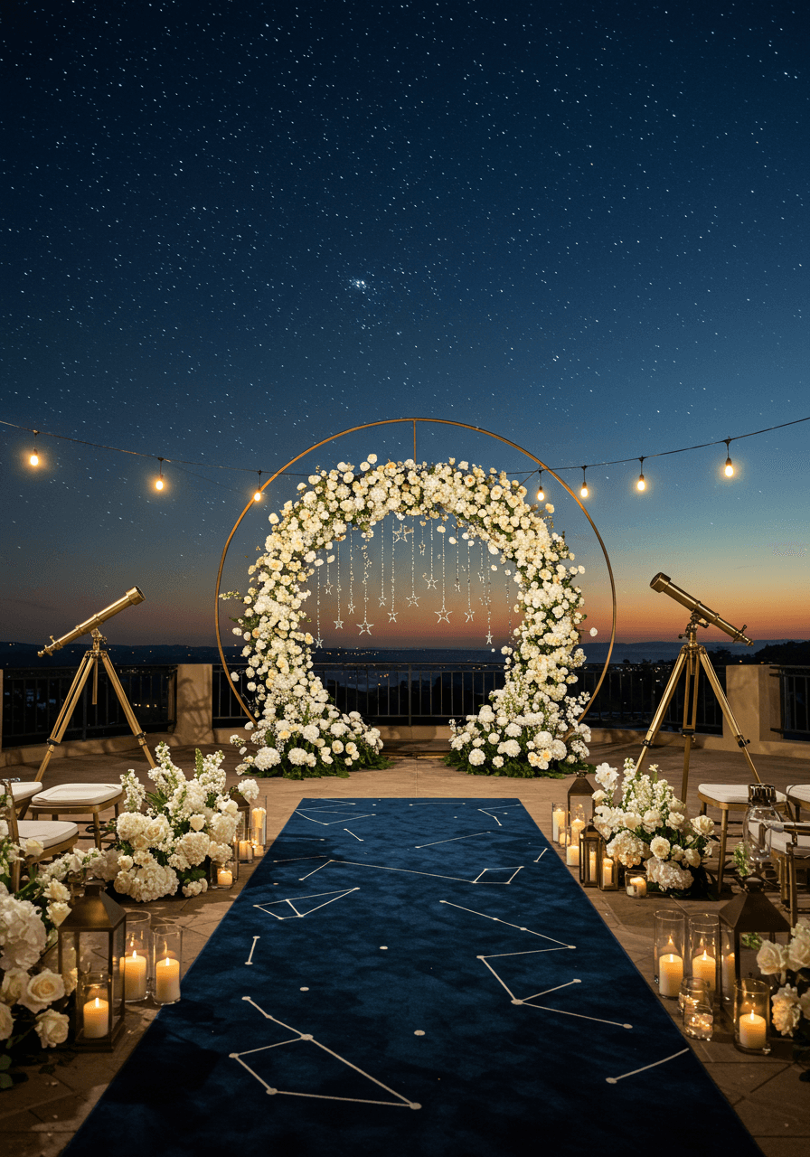 Circular wedding arch with white flowers and crystal stars positioned under twilight sky with emerging constellations