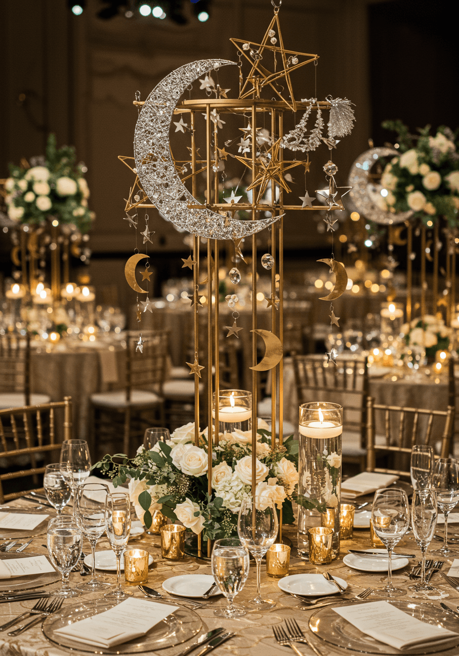 Opulent ballroom with towering celestial centrepieces featuring metallic stars and suspended moons