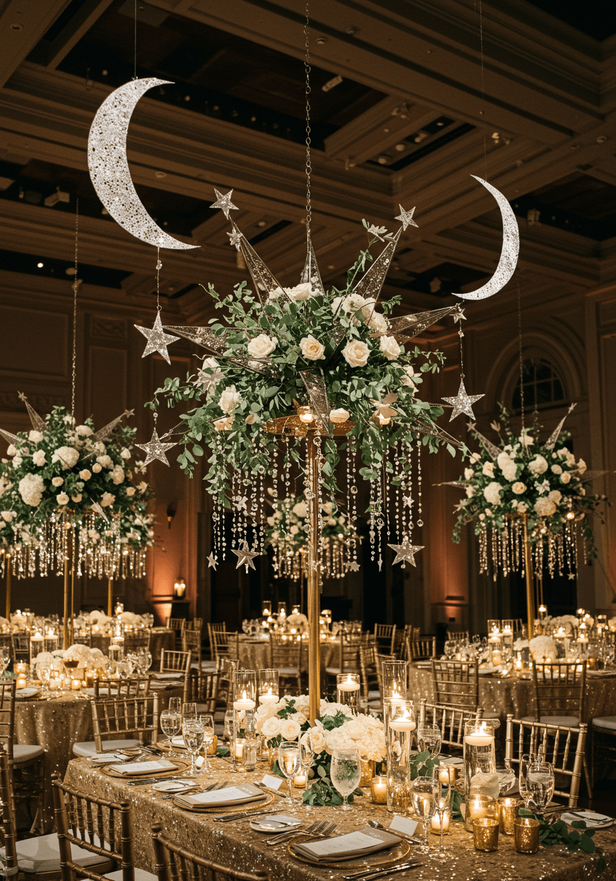 Wide angle view of celestial wedding reception ballroom with hanging moon phases and star confetti