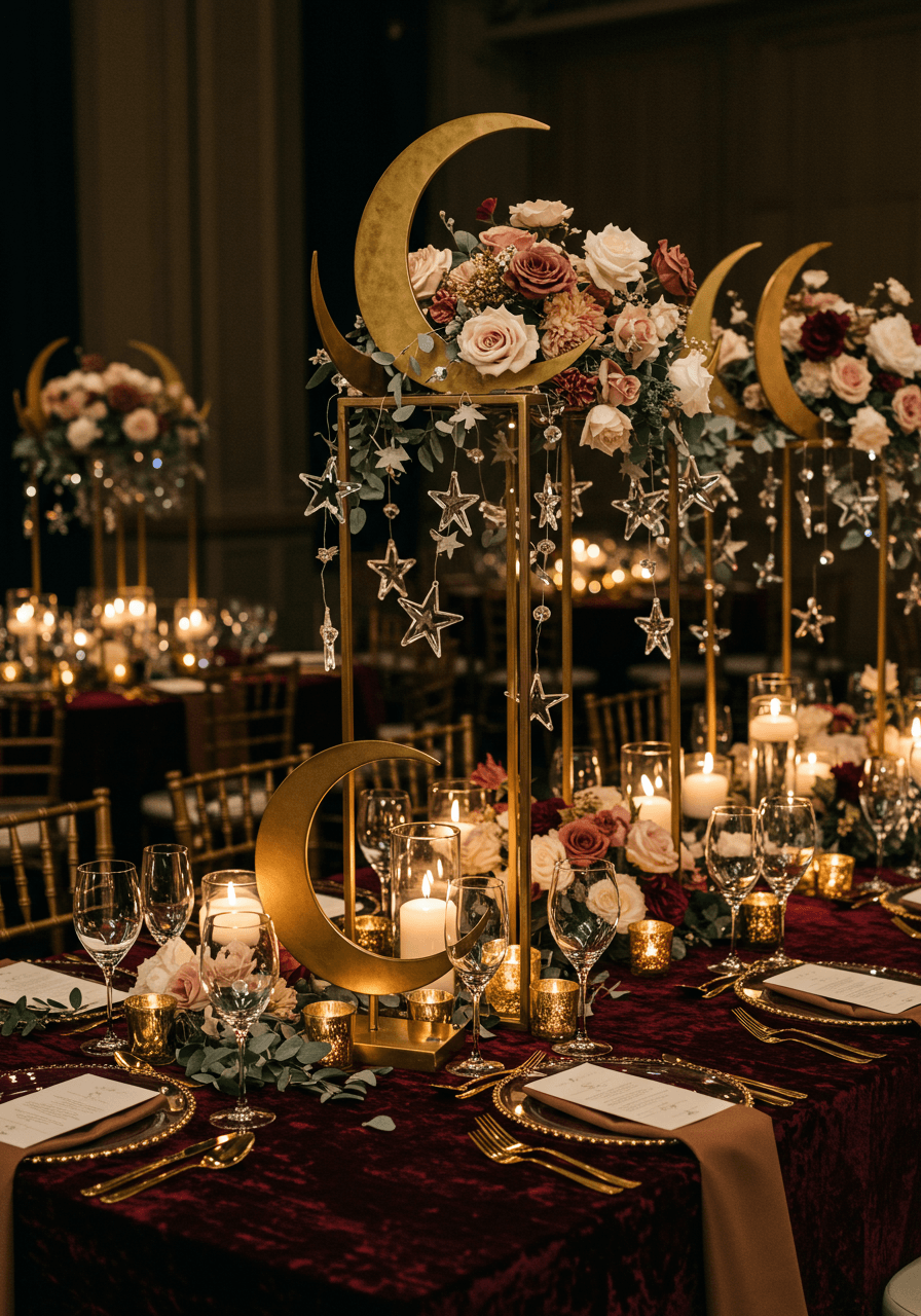 Wide angle view of celestial tablescape from guest perspective showing moon and star elements
