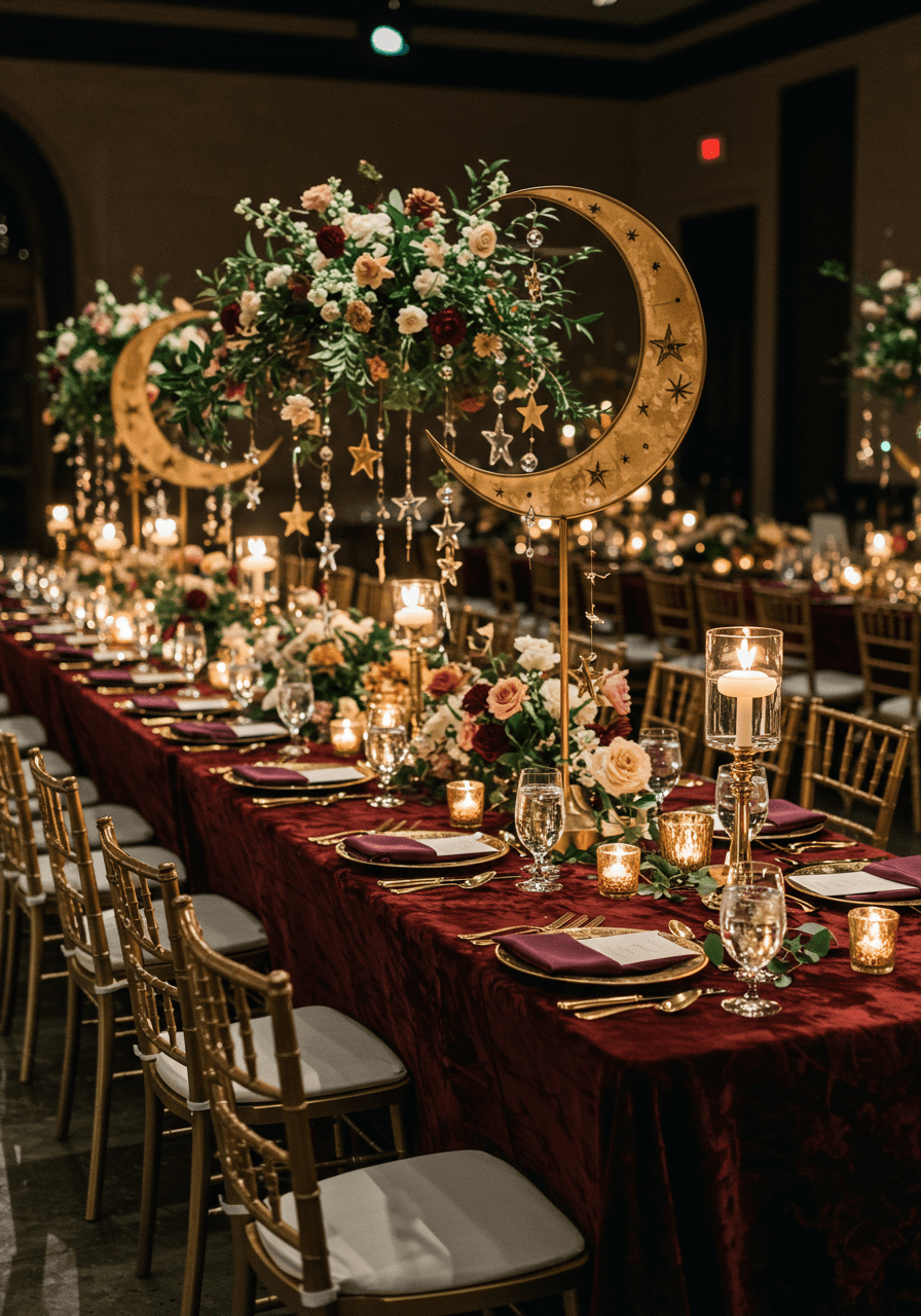 Luxurious wedding tablescape with golden crescent moon centrepiece and cascading star garlands in elegant ballroom