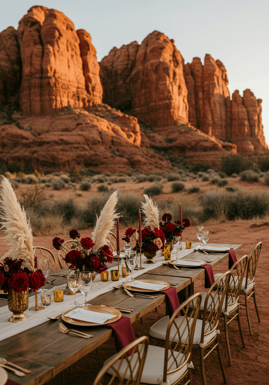 Close-up detail of elegant desert reception table setting with pampas grass centrepieces