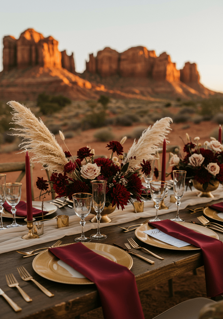 Luxurious desert wedding tablescape with gold charger plates and burgundy napkins set against red rock formations at sunset