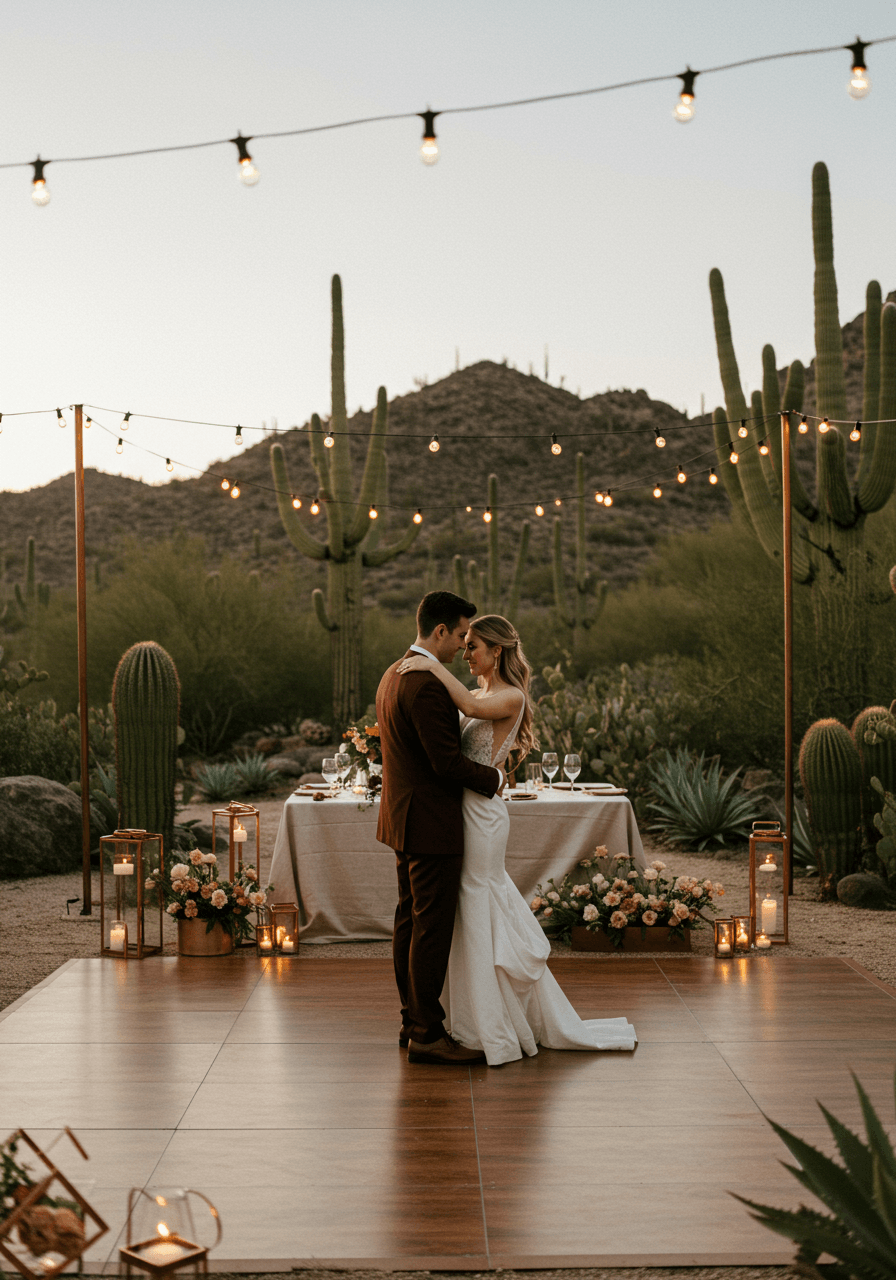 Bride and groom sharing first dance on outdoor dance floor surrounded by desert cacti and twinkling string lights during golden hour