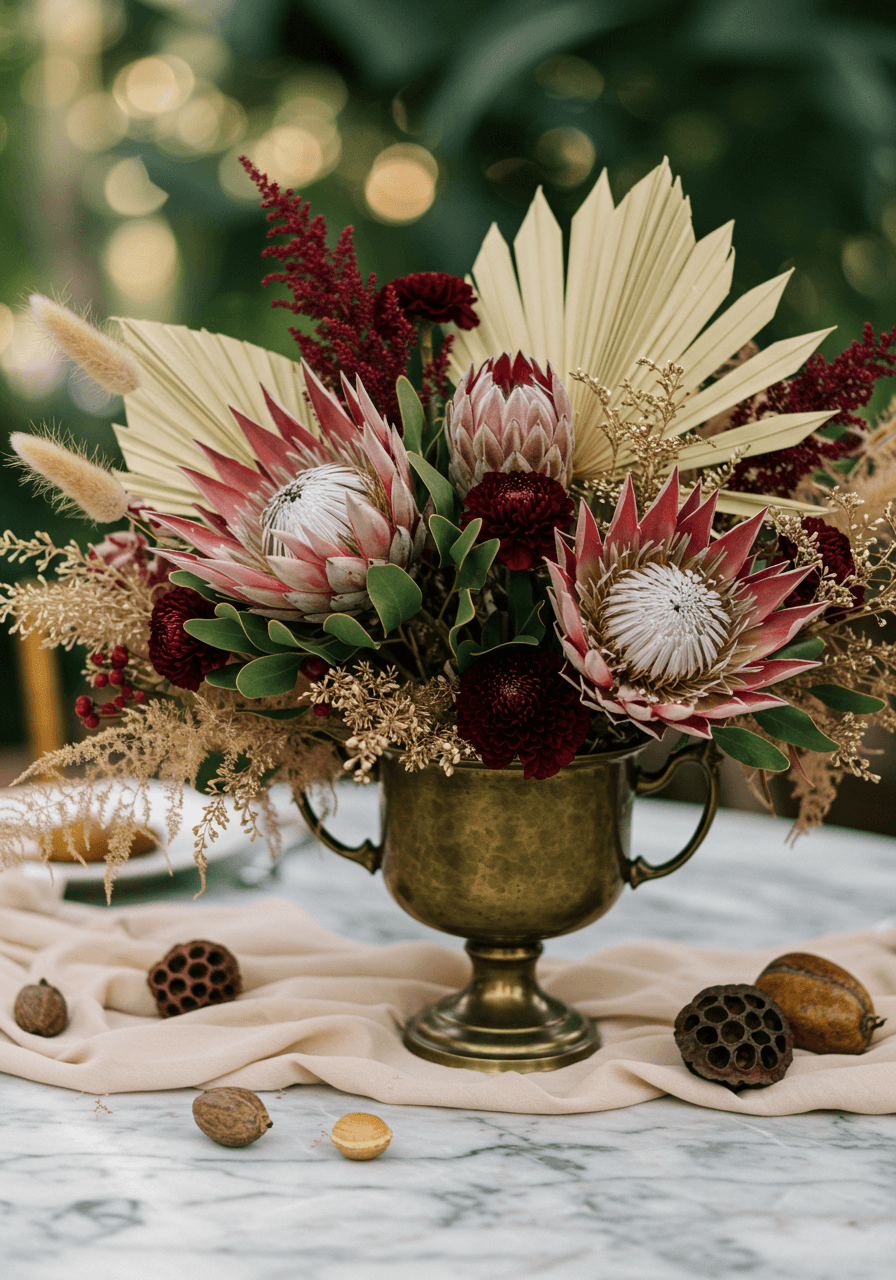Elaborate centrepiece featuring dried protea and bleached palm fronds in antique bronze compote on marble table