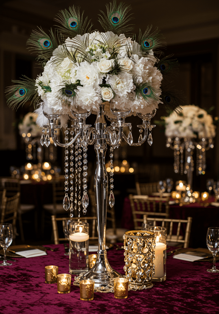 Elaborate crystal candelabra centrepiece adorned with white peacock feathers and hanging crystals on burgundy velvet