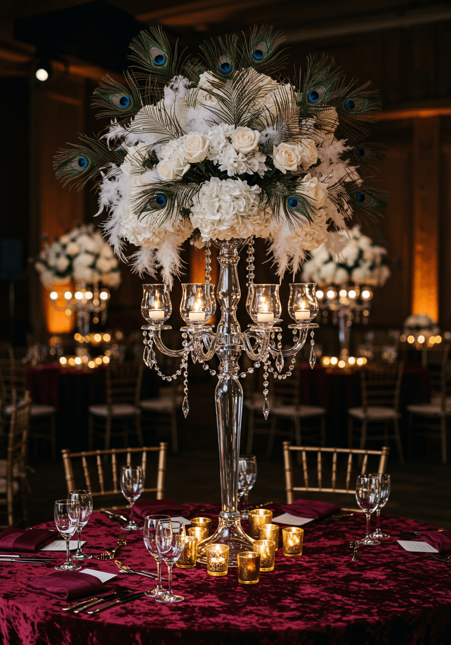 Full table view of crystal and feather centrepiece with candles creating dramatic shadows and highlights