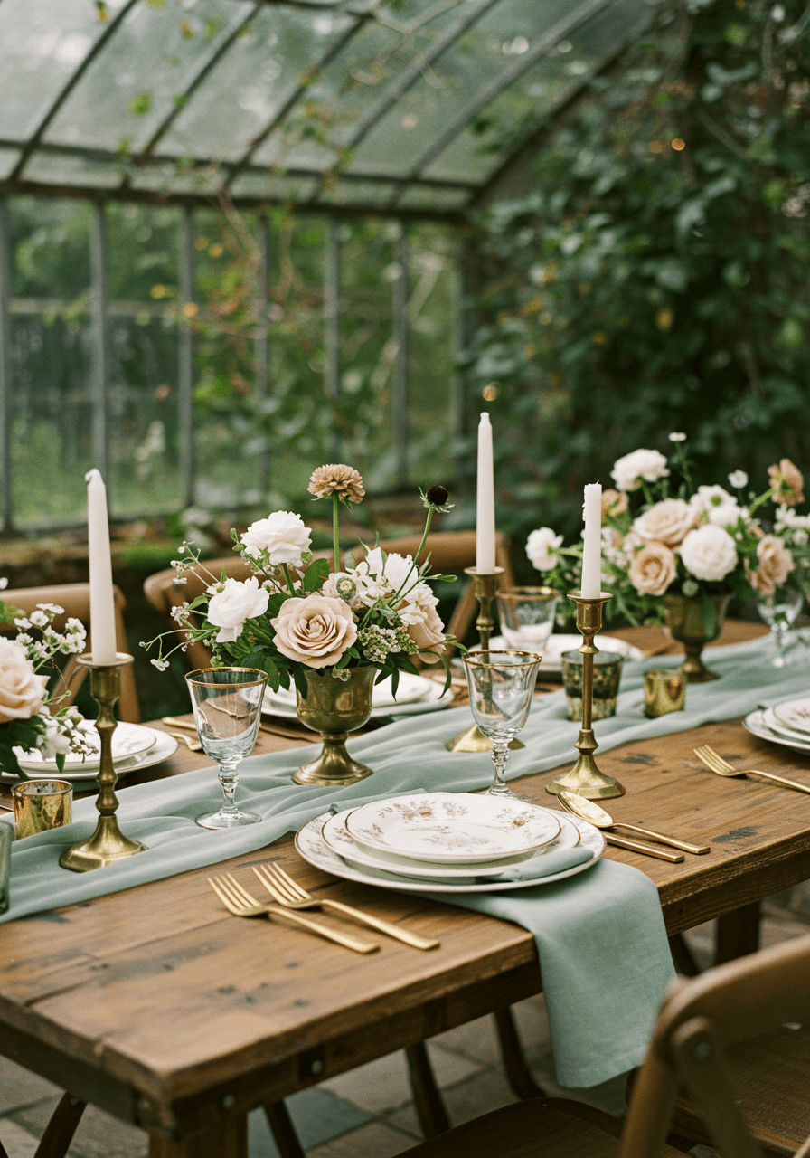 Elegant wedding tablescape with vintage china and brass candlesticks on rustic wooden table in restored greenhouse