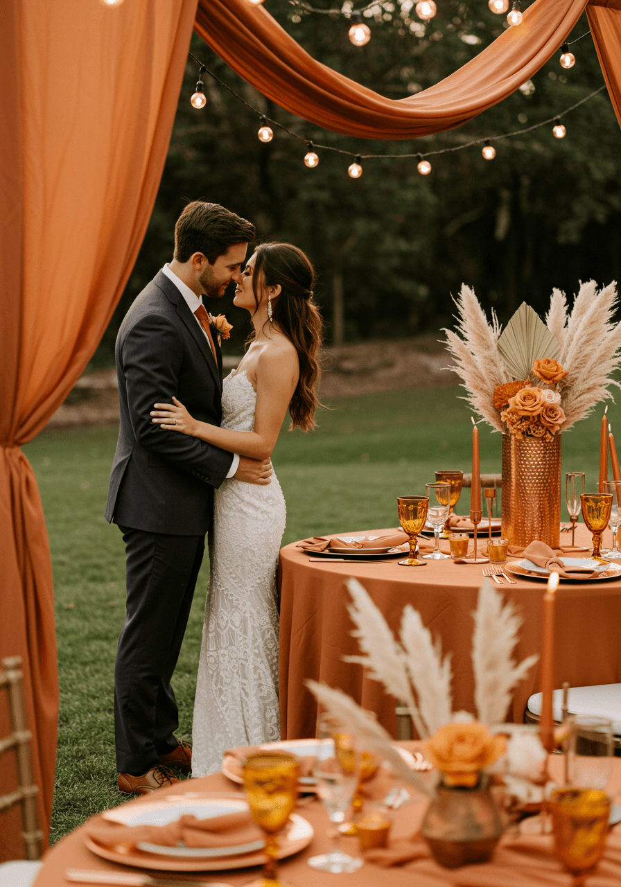 Bride and groom sharing intimate moment at outdoor reception with terracotta linens and copper details during golden hour