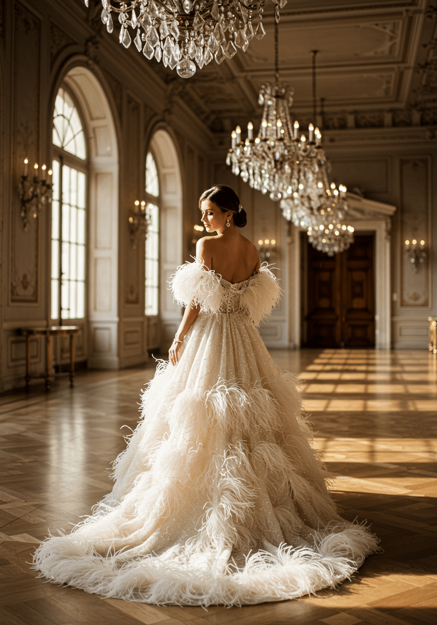 Bride in ivory silk gown with ostrich feather details and crystal beadwork posing in opulent ballroom setting