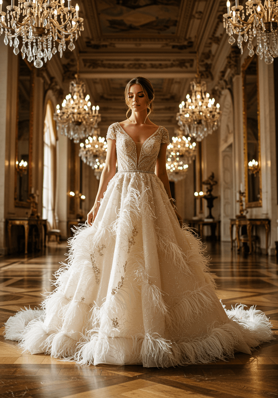 Close-up of bride in feathered gown with crystal embellishments in elegant ballroom illuminated by crystal chandeliers