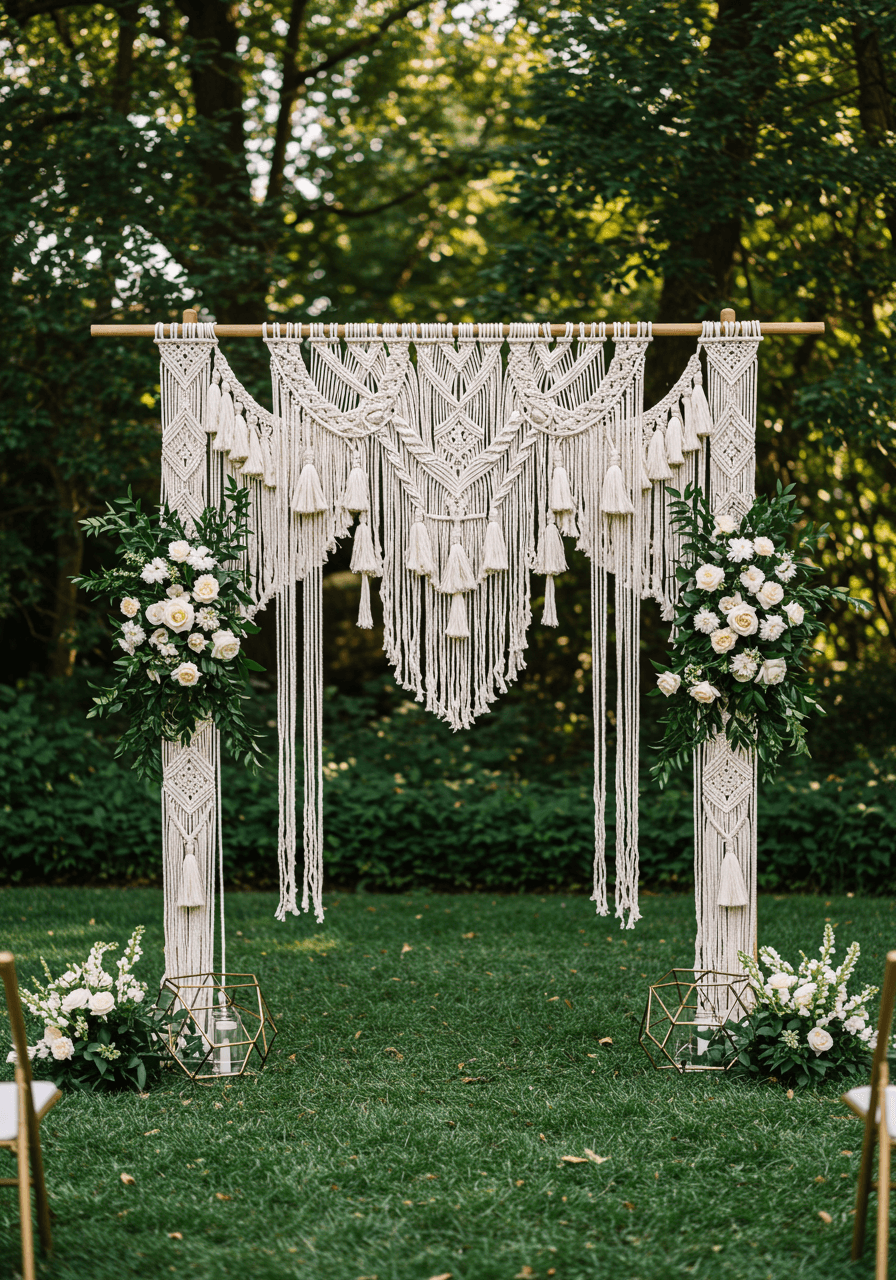 Luxurious macrame wedding arch featuring intricate patterns set in elegant garden with lush greenery