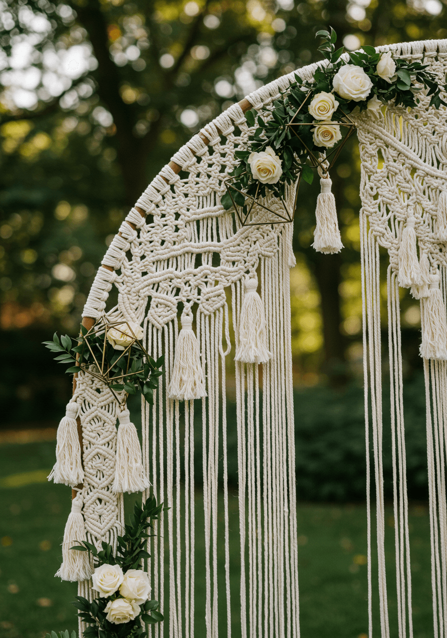 Close-up detail of macrame arch showing intricate knotted patterns and flowing tassels adorned with white roses