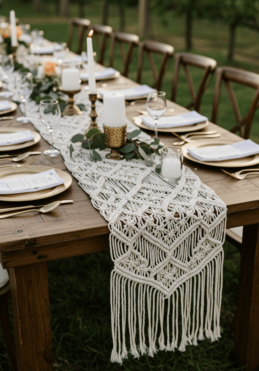 Elaborate macrame table runner with geometric patterns flowing down wooden farm table in vineyard setting during golden hour