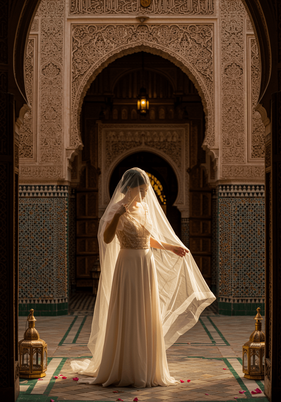 Bride in ivory silk dress with gold embroidery adjusting delicate veil in ornate Moroccan riad courtyard