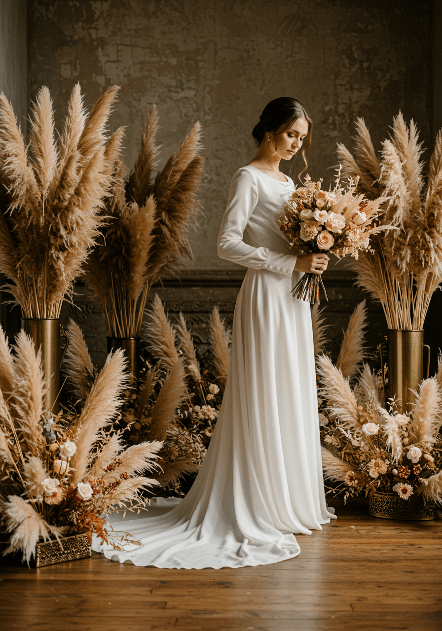 Bride in flowing silk dress standing amongst towering arrangements of premium dried pampas grass and eucalyptus