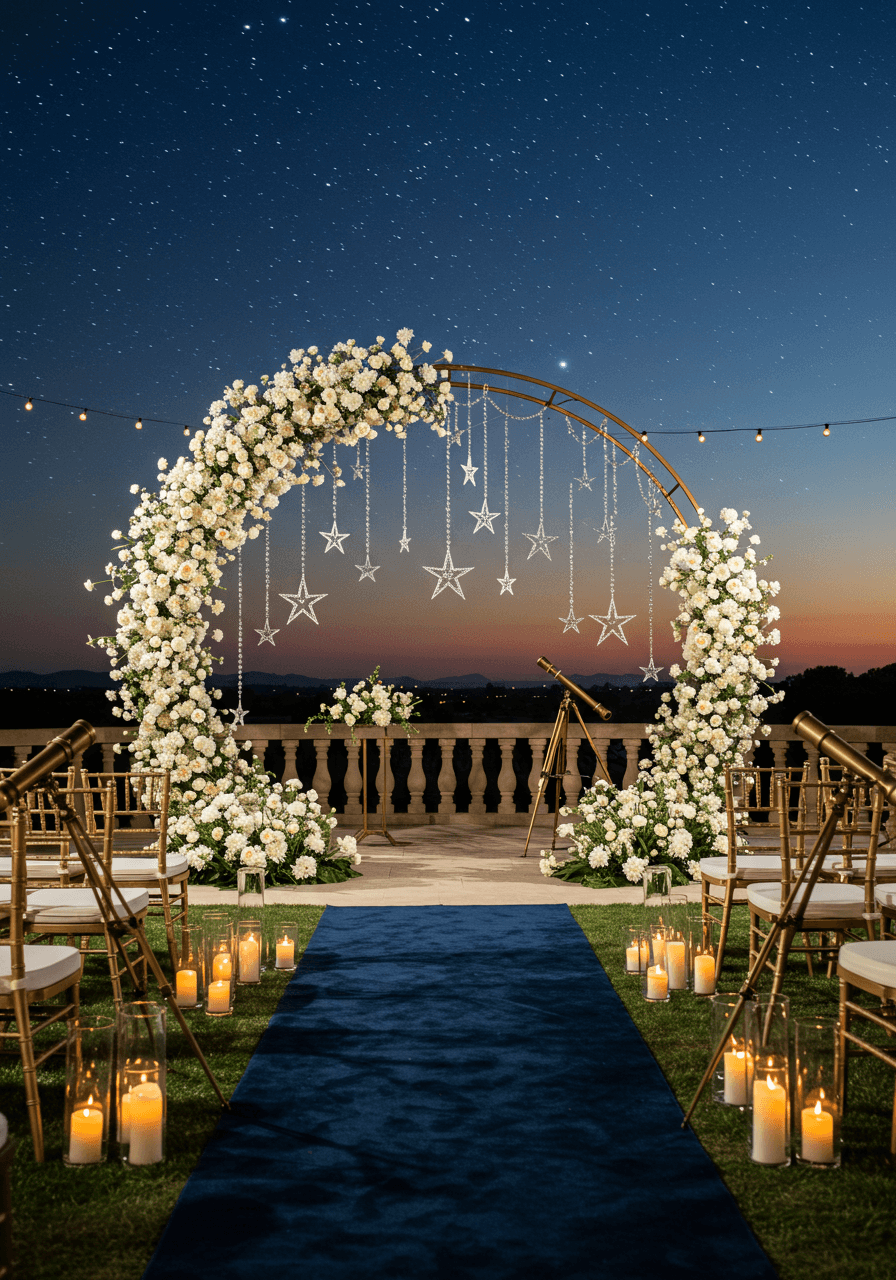 Diagonal view of celestial ceremony arch with suspended crystal elements against twilight sky backdrop