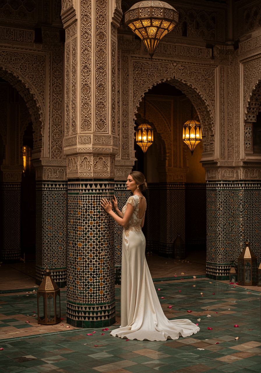 Bride gracefully touching carved pillar in Moroccan riad featuring geometric mosaic tilework and horseshoe arches