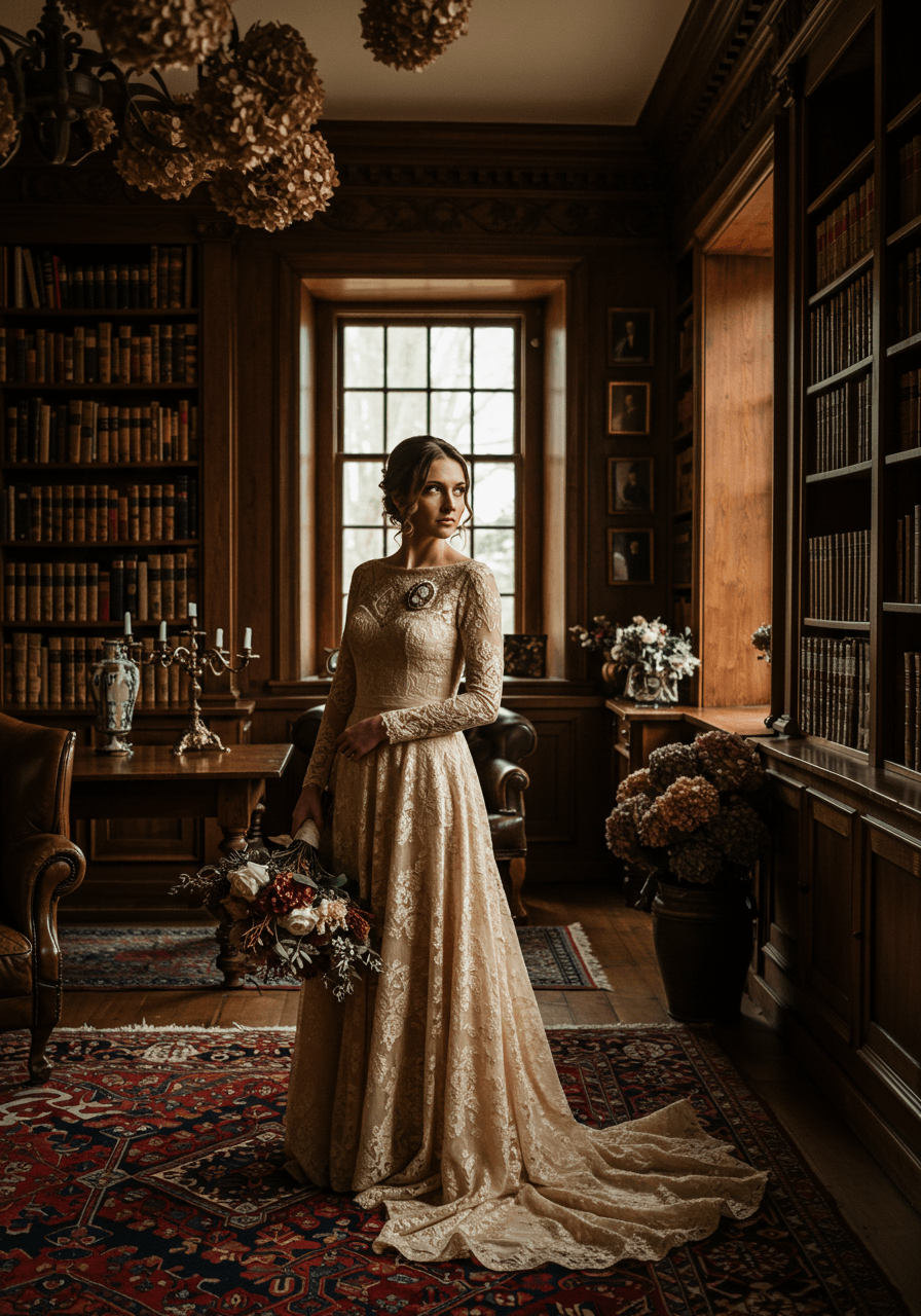 Bride in champagne vintage lace gown with antique brooch standing in elegant library with mahogany bookshelves