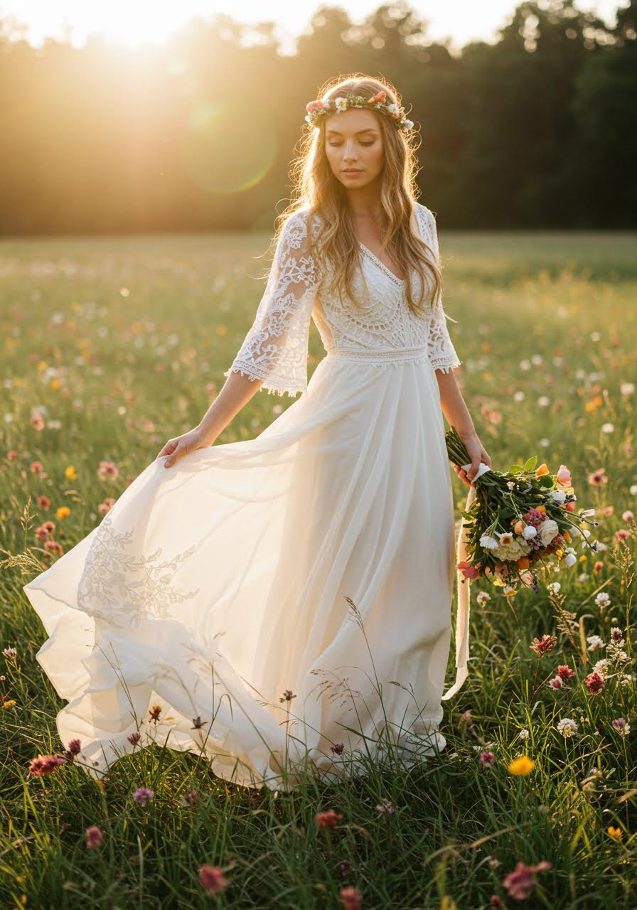 Bride in flowing bohemian wedding dress with intricate lace sleeves standing gracefully in sunlit wildflower meadow during golden hour