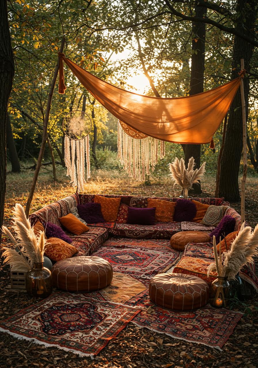 Wide view of Moroccan-inspired textile lounge with ornate patterns and bohemian floor seating in forest