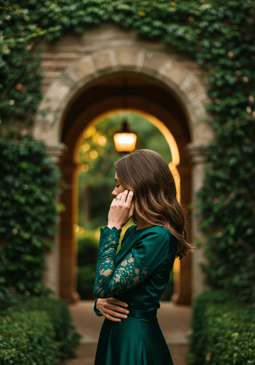 Deep emerald green long sleeve dress with delicate lace detailing in garden courtyard with ivy-covered walls