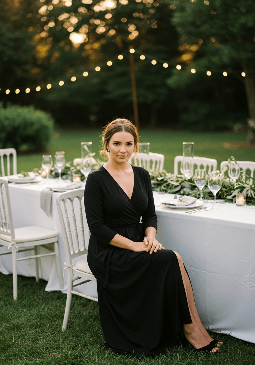 Classic black long sleeve wrap dress at outdoor garden reception with white linens during golden hour