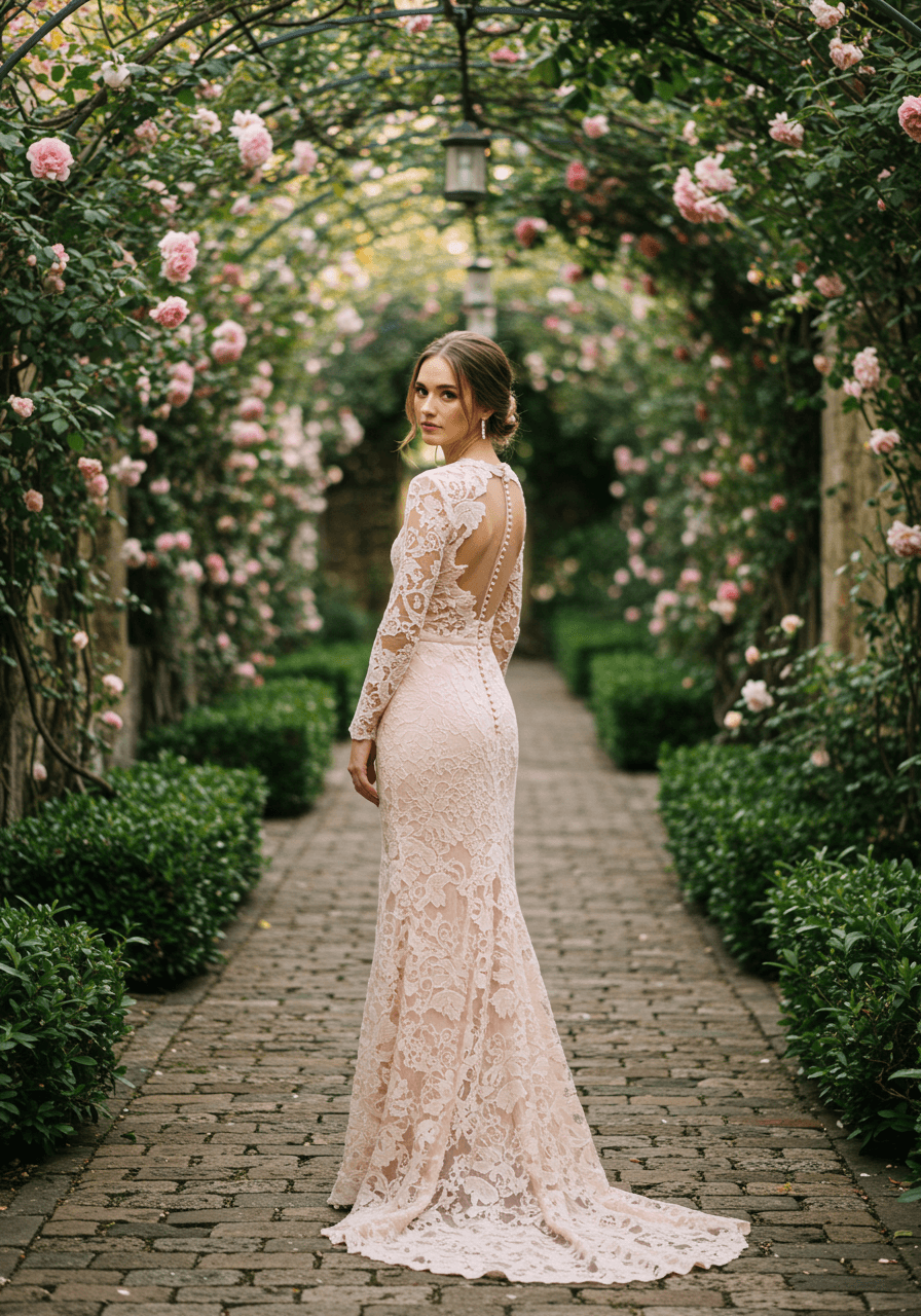 Woman in elegant blush pink lace long sleeve wedding guest dress in sun-dappled garden courtyard with flowering vines