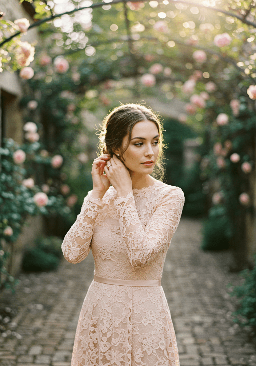 Close-up of blush pink lace wedding guest dress showing intricate floral lace detail with nude underlay