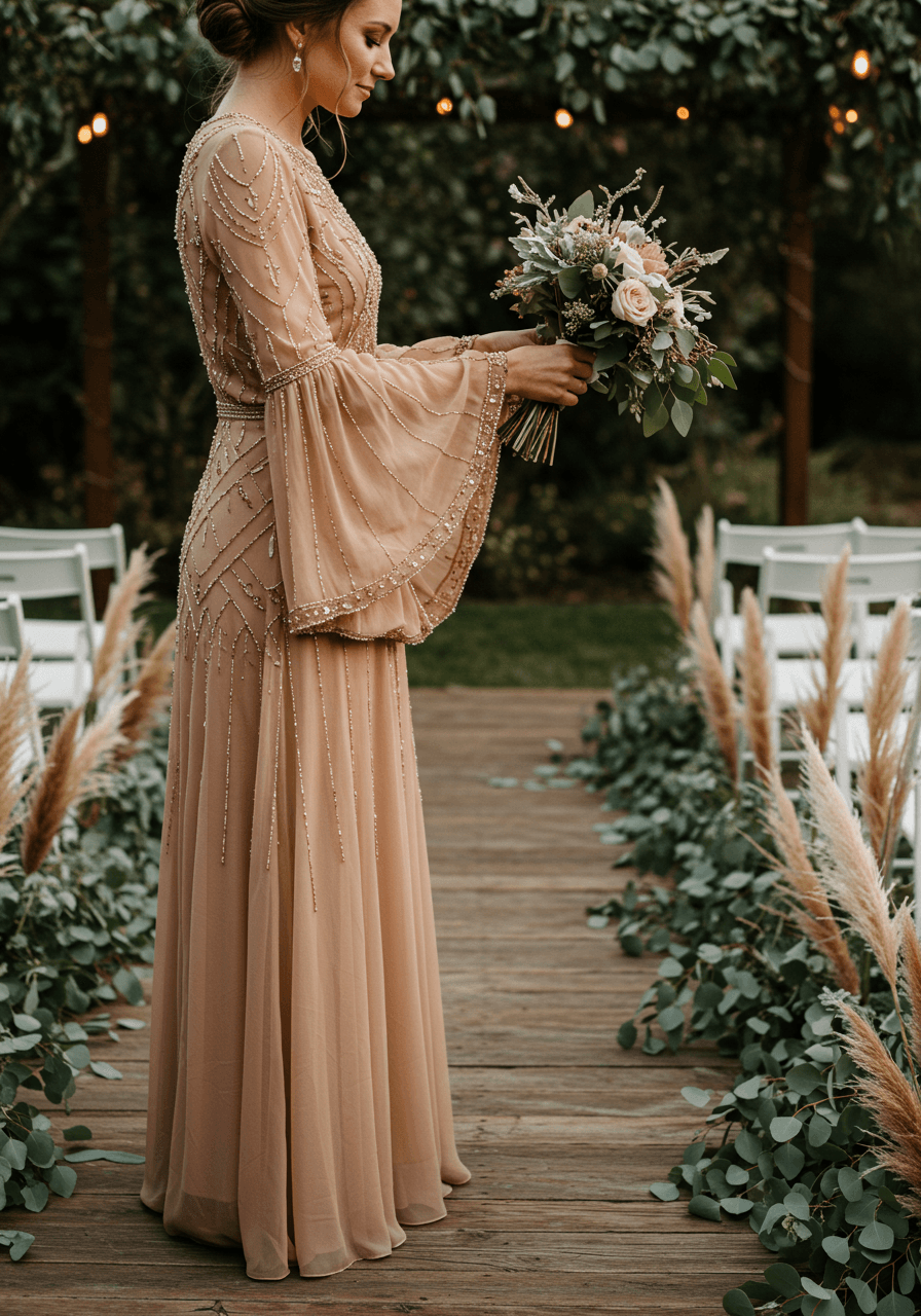 Back view of flowing bohemian wedding guest dress with beaded details on wooden walkway