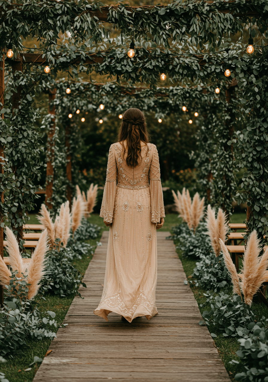 Bohemian long sleeve maxi dress with bell sleeves and intricate beadwork on rustic wooden pathway with eucalyptus