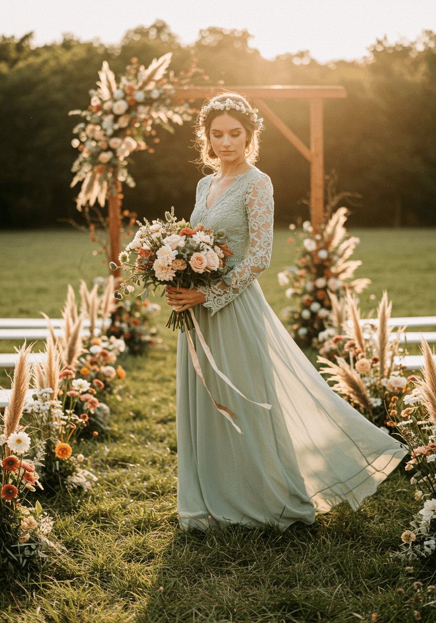 Flowing bohemian long sleeve maxi dress with intricate lace sleeves and floral embroidery in wildflower meadow