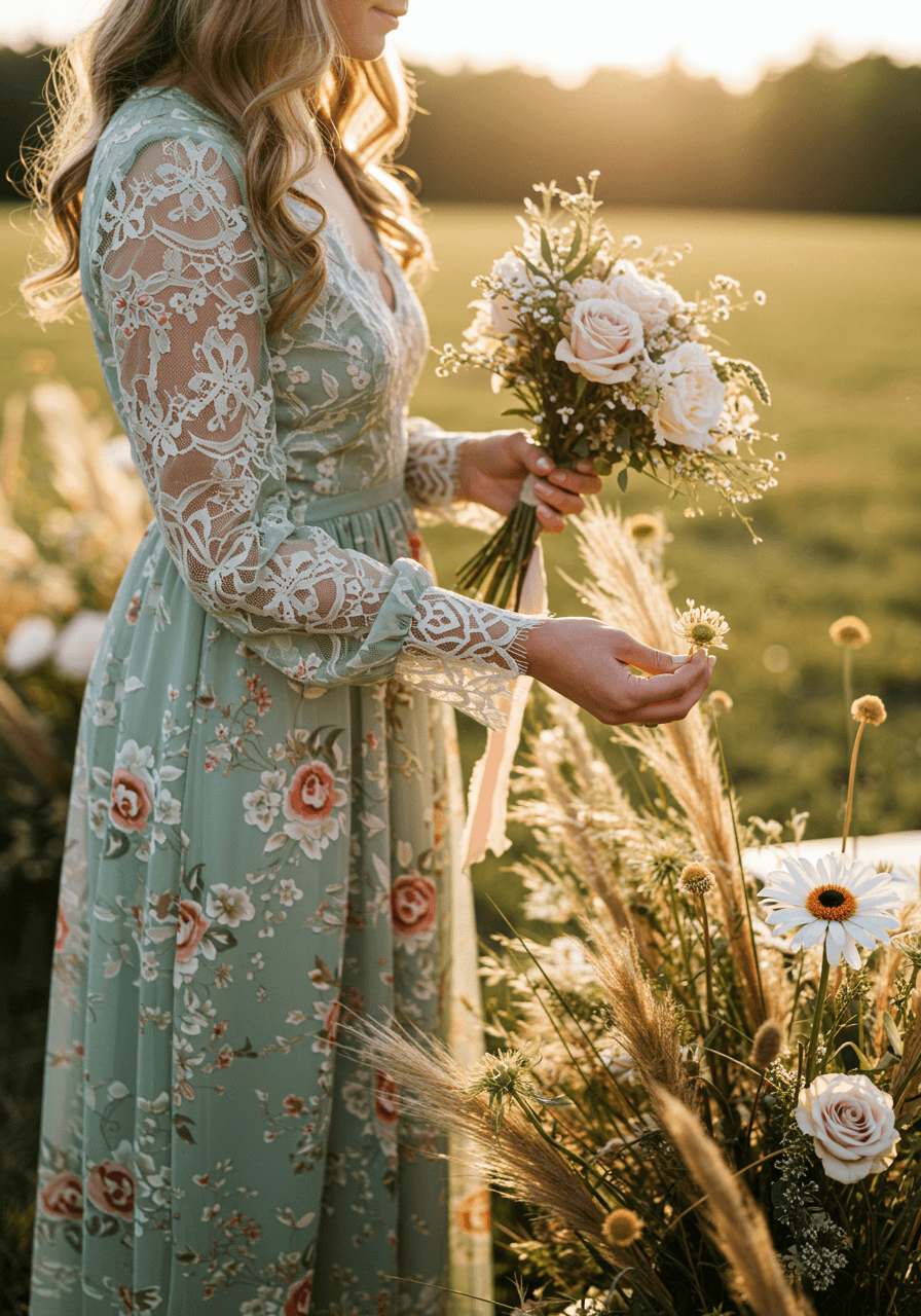 Close-up of bohemian wedding guest dress with detailed lace sleeves and romantic floral embroidery