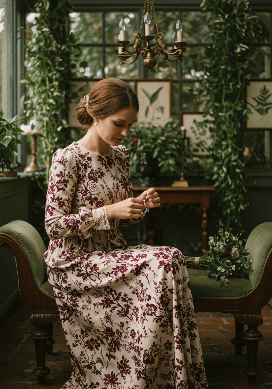 Floor-length dress with intricate botanical floral pattern in burgundy and cream in manor conservatory