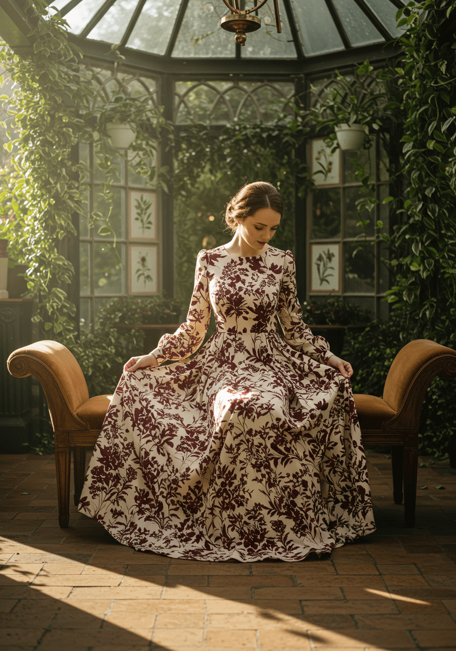 Woman in botanical print long sleeve gown adjusting pearl bracelet on velvet bench in conservatory with morning light