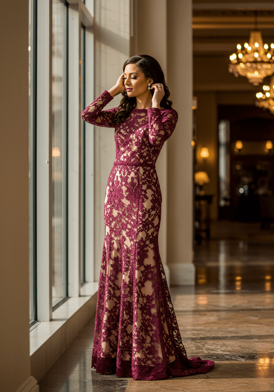 Woman in burgundy lace midi dress with scalloped edges and fitted bodice beside floor-to-ceiling windows