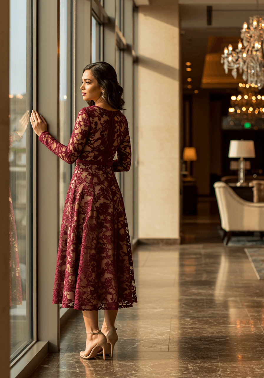 Sophisticated burgundy lace long sleeve wedding guest dress in elegant hotel lobby with marble floors during golden hour