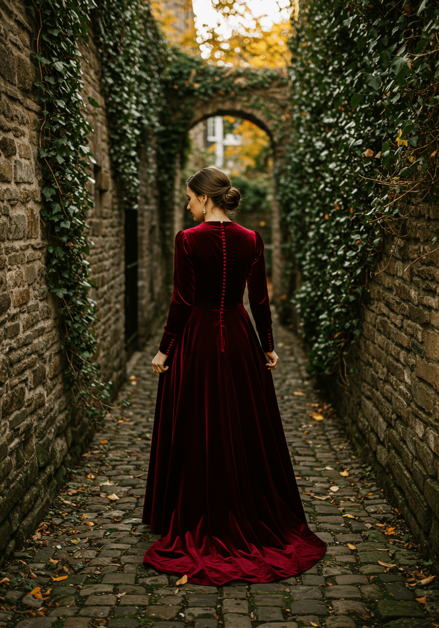 Close-up of vintage-inspired burgundy velvet dress with covered button detail and fit-and-flare silhouette