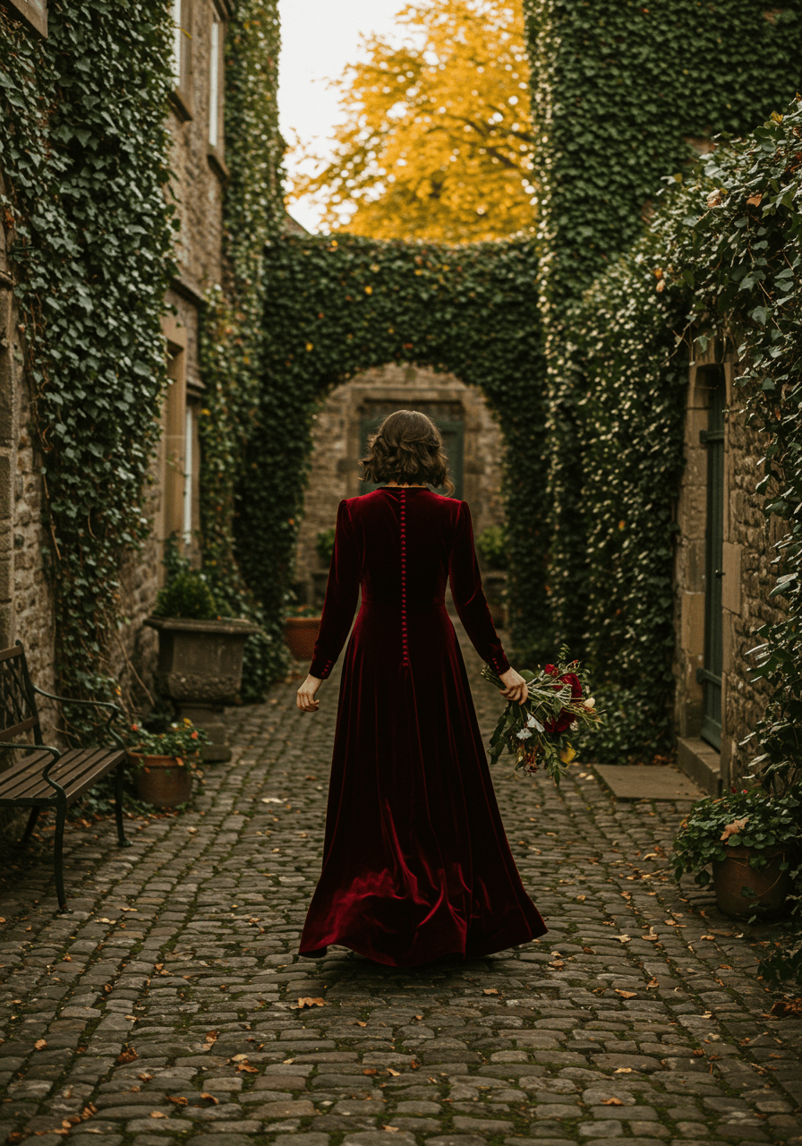 Burgundy velvet long sleeve wedding guest dress with covered buttons in ivy-covered cobblestone courtyard