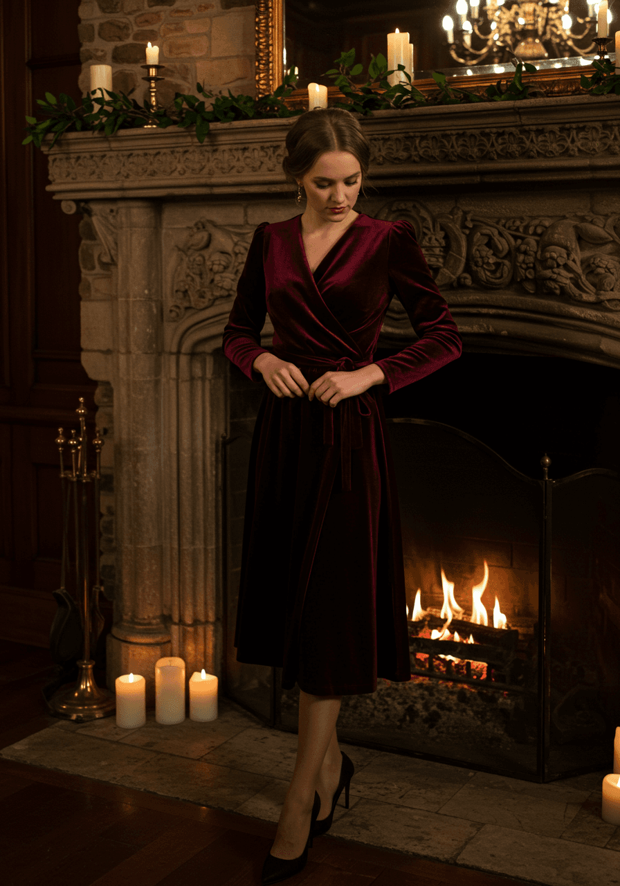Burgundy velvet wrap-style dress with elegant draping in winter wedding reception hall with fireplace