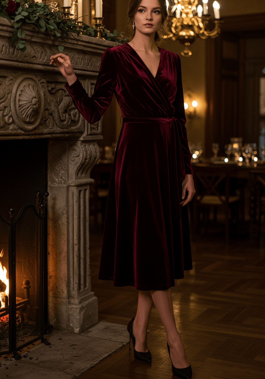 Close-up of sophisticated burgundy velvet long sleeve wrap dress beside stone fireplace with candlelight