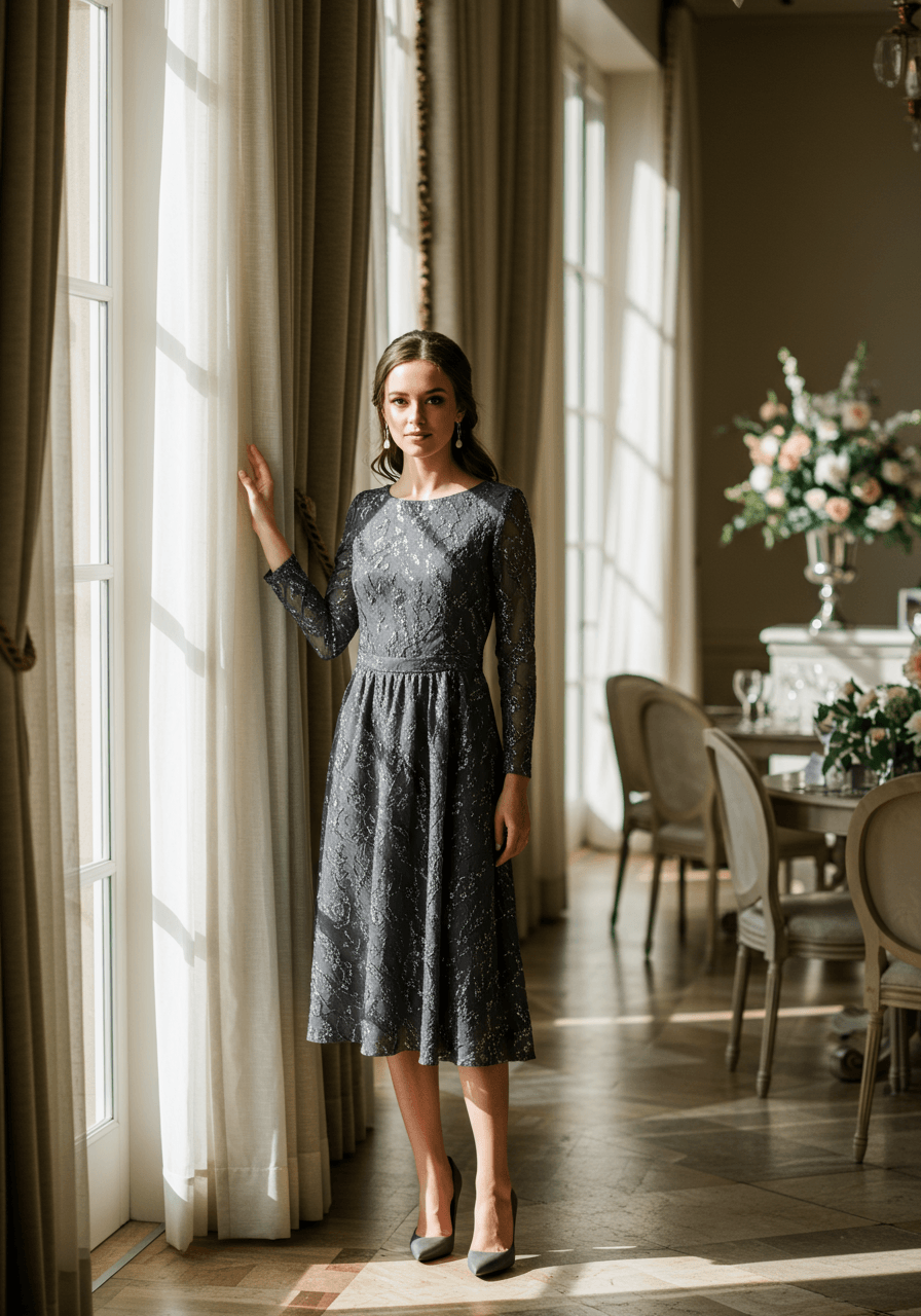 Sophisticated charcoal grey midi dress with subtle metallic threading and long sleeves in upscale wedding venue
