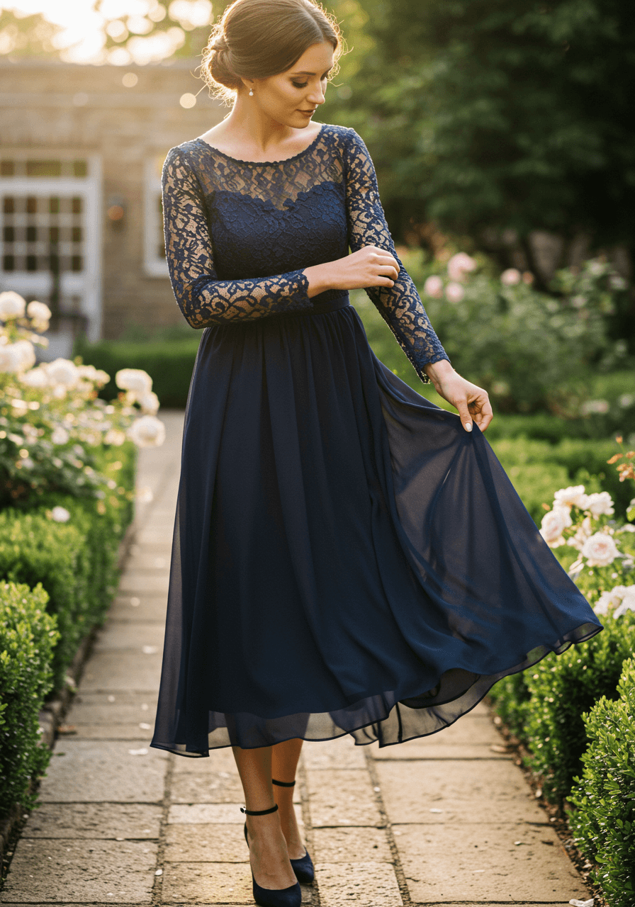 Navy A-line midi dress with delicate lace sleeve details and flowing chiffon skirt