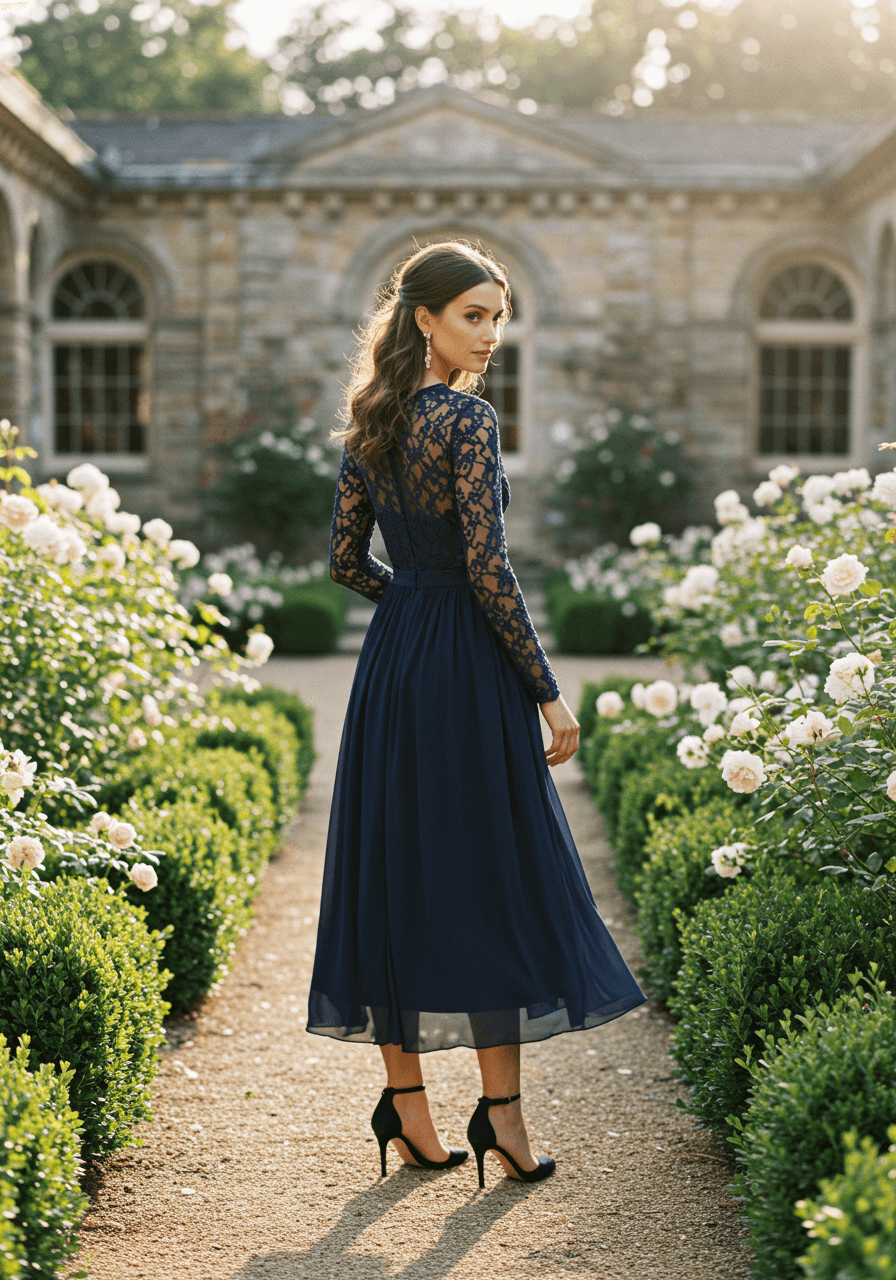 Elegant navy blue A-line long sleeve wedding guest dress with lace sleeves in garden courtyard