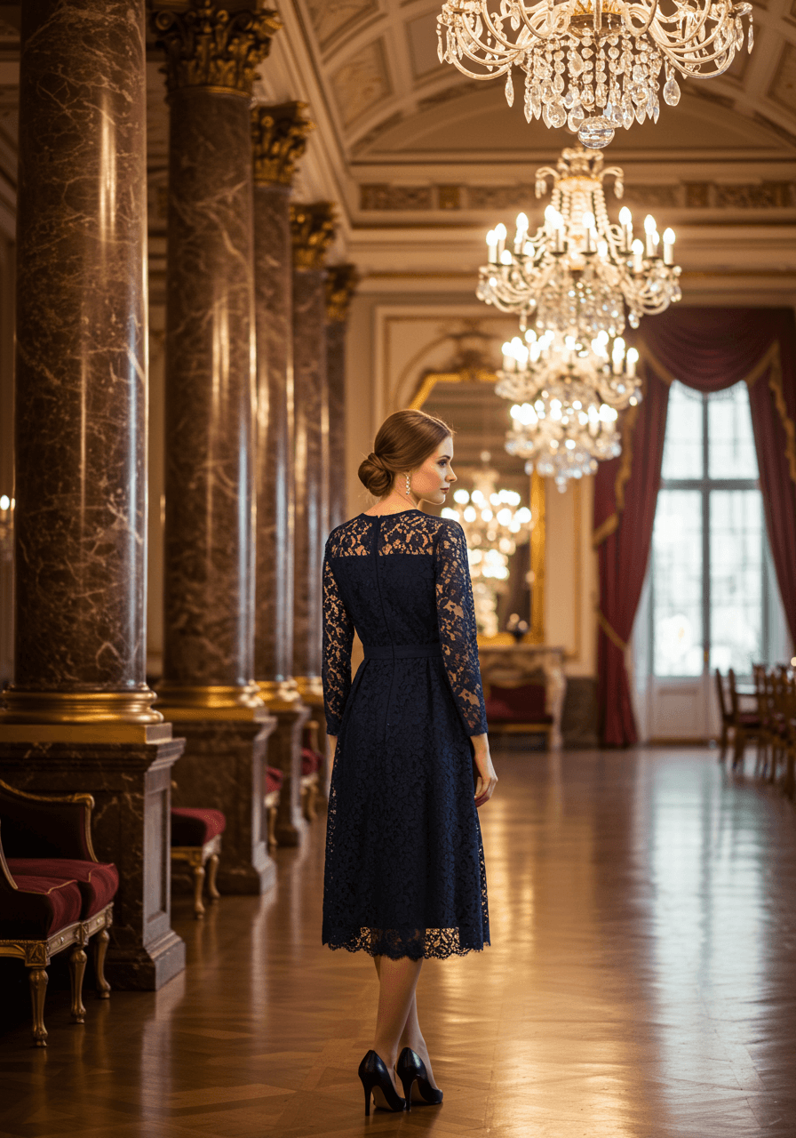 Elegant navy blue long sleeve lace dress with delicate detailing in grand ballroom with marble columns and chandeliers