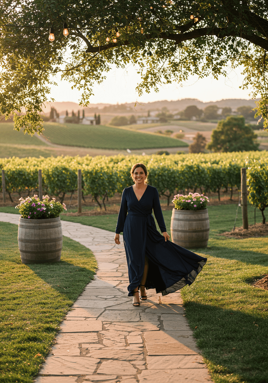 Elegant navy blue long sleeve wrap dress on stone pathway at vineyard wedding during sunset