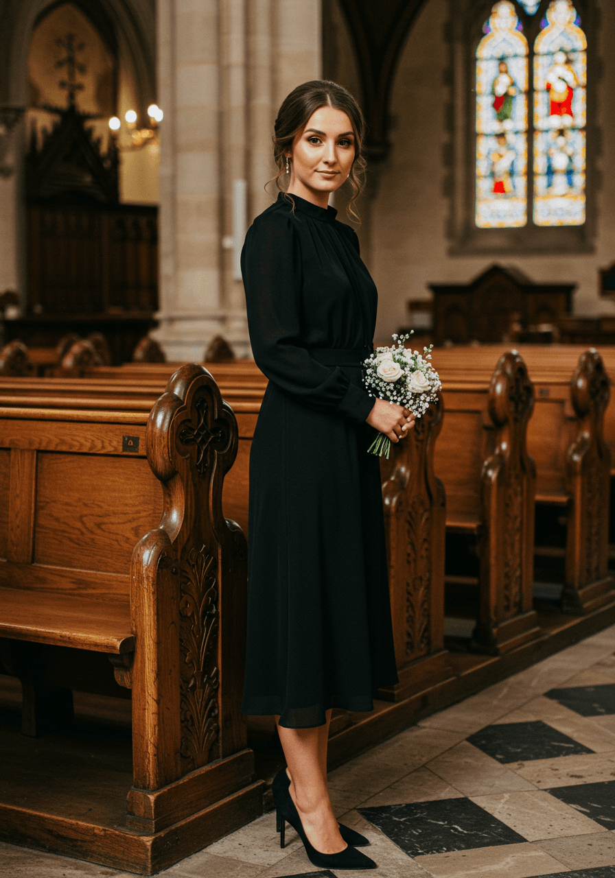 Elegant black long sleeve midi dress with modest neckline beside ornate church pews with stained glass light