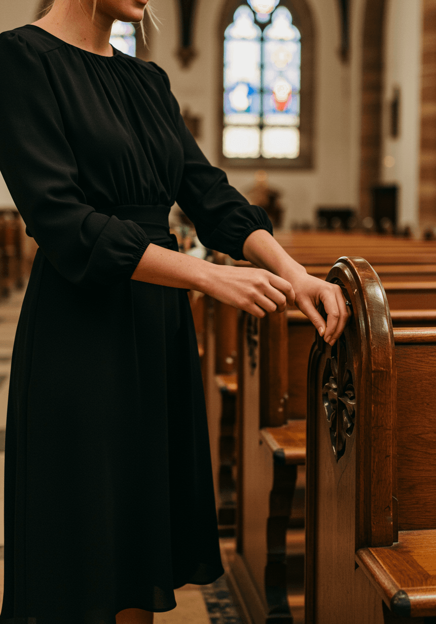 Sophisticated black crepe long sleeve wedding guest dress with subtle texture detail