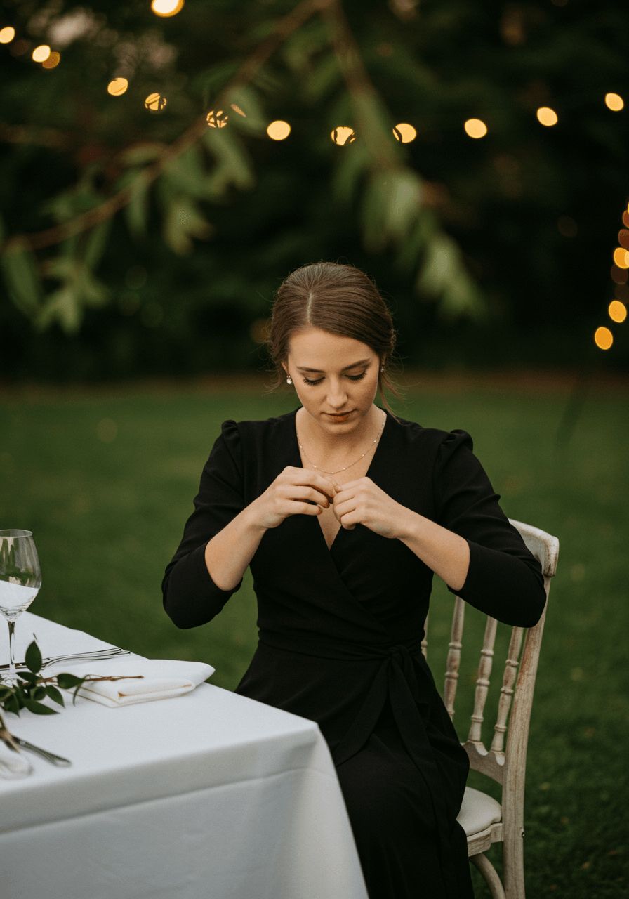 Woman in black jersey wrap dress at reception table with string lights and greenery